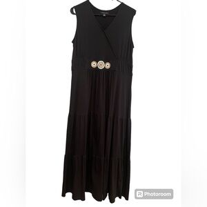 Black Sleeveless Tommy Hilfiger Maxi dress with Medallion detail at waist. 1X